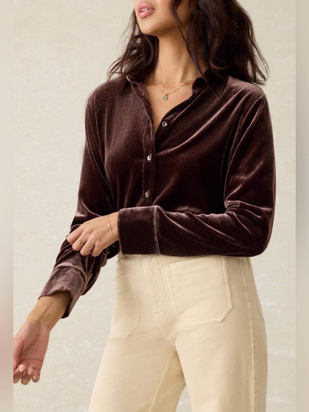 FAHERTY Stretch Silk Velvet Genevieve Shirt in Huckleberry Quiet Luxury